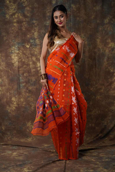 Traditional Bengal Cotton Silk Soft Jamdani Saree with orang colour  combination ,Handwoven in the Rich Heritage of Bengal Minakari Dhakai | Item Length: 5.5 Metres Width: 1.2 Meters | Without Blouse Piece.