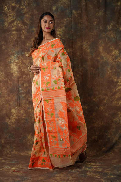 Traditional Bengal Cotton Silk Soft Jamdani Saree with orang colour floral  combination ,Handwoven in the Rich Heritage of Bengal Minakari Dhakai | Item Length: 5.5 Metres Width: 1.2 Meters | Without Blouse Piece.