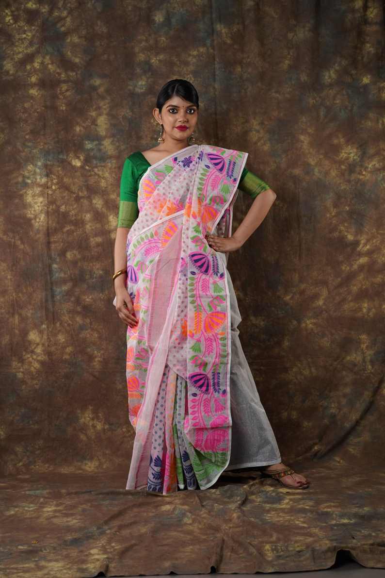 Traditional Bengal Cotton Silk Soft Jamdani Saree with white floral combination ,Handwoven in the Rich Heritage of Bengal Minakari Dhakai | Item Length: 5.5 Metres Width: 1.2 Meters | Without Blouse Piece.