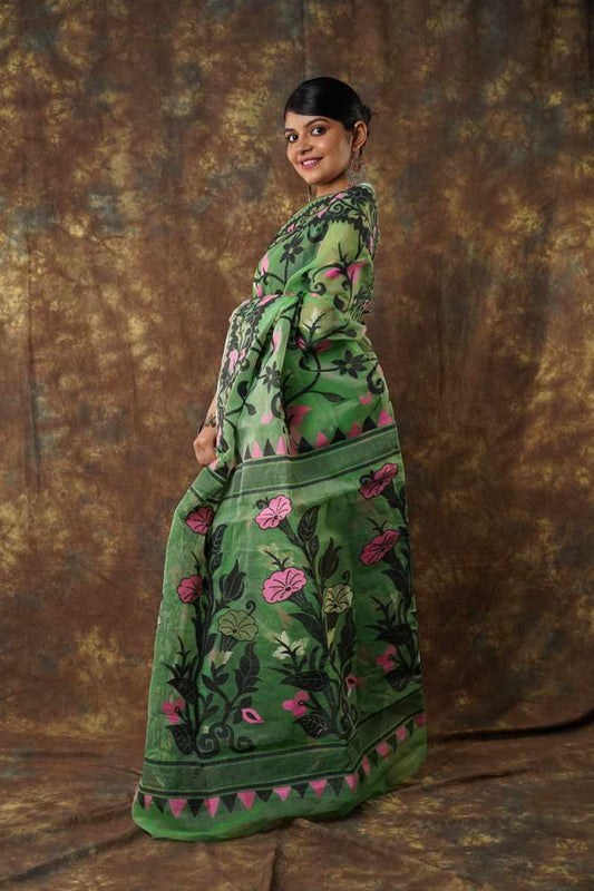 Traditional Bengal Cotton Silk Soft Jamdani Saree with green colour floral  combination ,Handwoven in the Rich Heritage of Bengal Minakari Dhakai | Item Length: 5.5 Metres Width: 1.2 Meters | Without Blouse Piece.DN NO-1030