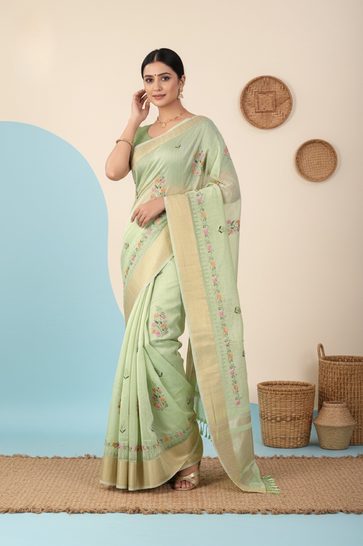 Elegant Soft Silk Embroidered Saree with Zari Border