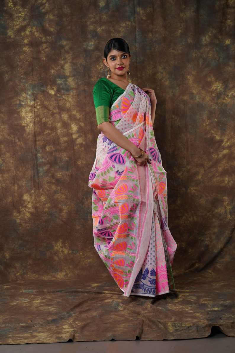 Traditional Bengal Cotton Silk Soft Jamdani Saree with white floral combination ,Handwoven in the Rich Heritage of Bengal Minakari Dhakai | Item Length: 5.5 Metres Width: 1.2 Meters | Without Blouse Piece.