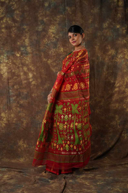 Traditional Bengal Cotton Silk Soft Jamdani Saree with red colour floral combination ,Handwoven in the Rich Heritage of Bengal Minakari Dhakai | Item Length: 5.5 Metres Width: 1.2 Meters | Without Blouse Piece.DN NO-1022