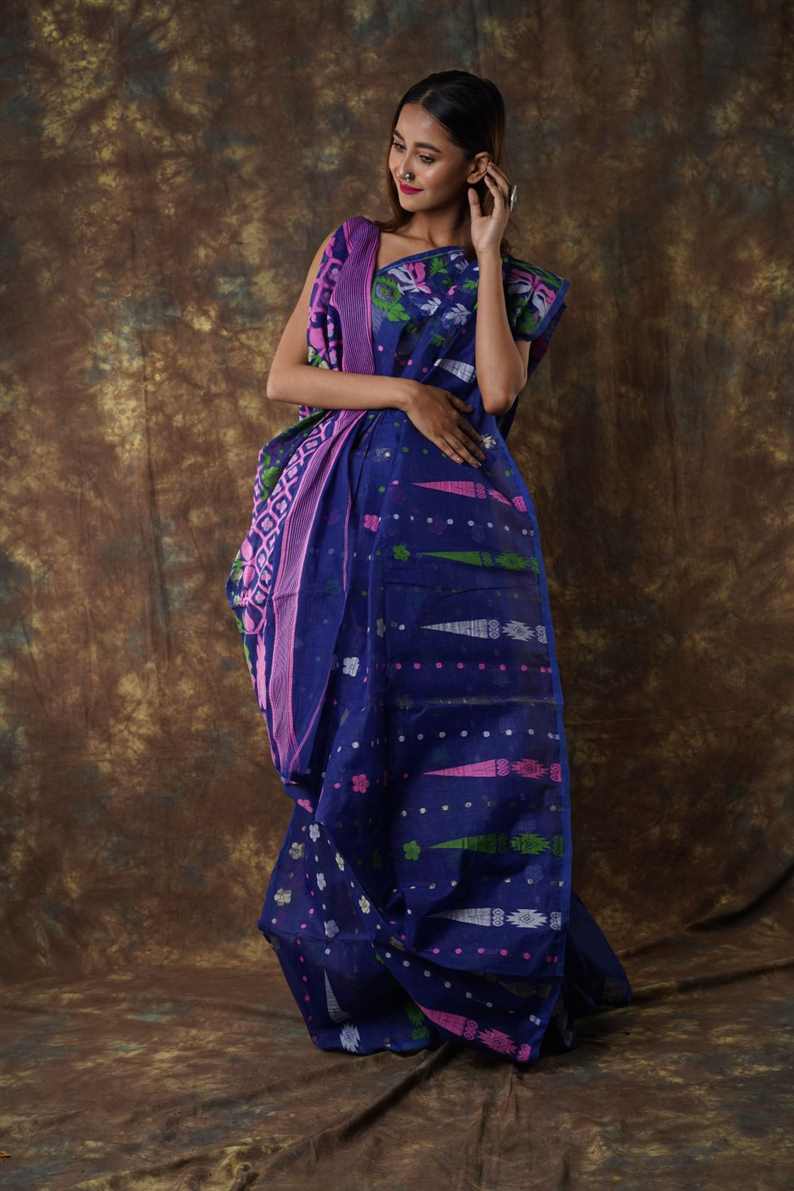 Traditional Bengal Cotton Silk Soft Jamdani Saree with navy blue colour   combination ,Handwoven in the Rich Heritage of Bengal Minakari Dhakai | Item Length: 5.5 Metres Width: 1.2 Meters | Without Blouse Piece.