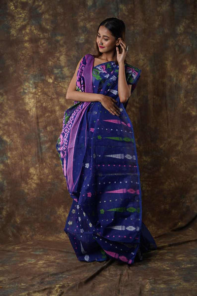 Traditional Bengal Cotton Silk Soft Jamdani Saree with navy blue colour   combination ,Handwoven in the Rich Heritage of Bengal Minakari Dhakai | Item Length: 5.5 Metres Width: 1.2 Meters | Without Blouse Piece.