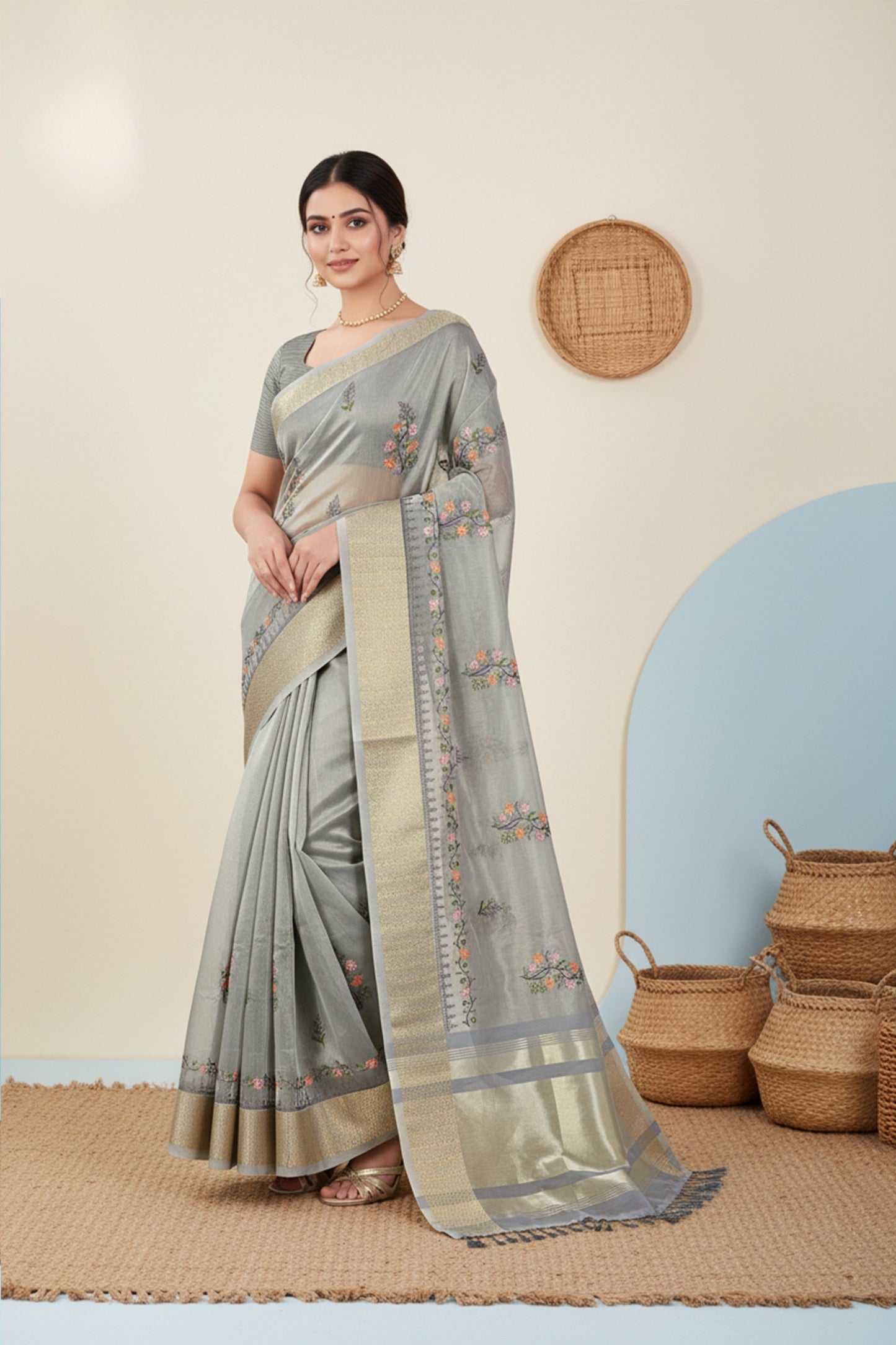 Elegant Soft Silk Embroidered Saree with Zari Border
