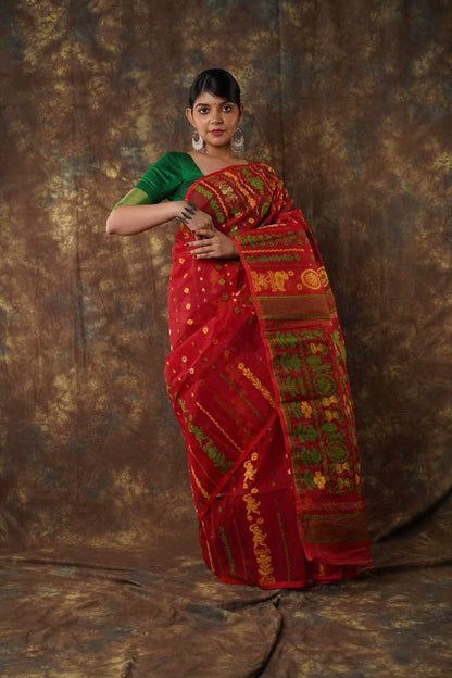 Traditional Bengal Cotton Silk Soft Jamdani Saree with red colour floral combination ,Handwoven in the Rich Heritage of Bengal Minakari Dhakai | Item Length: 5.5 Metres Width: 1.2 Meters | Without Blouse Piece.DN NO-1022
