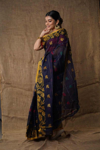 Traditional navy blue colour  Pure Cotton Bengali Handloom Tant Saree Without Blouse Piece 𝐒𝐢𝐳𝐞: Length: 5.5 Meters Width: 1.2 Meters Showcasing the Rich Cultural Heritage of Bengal