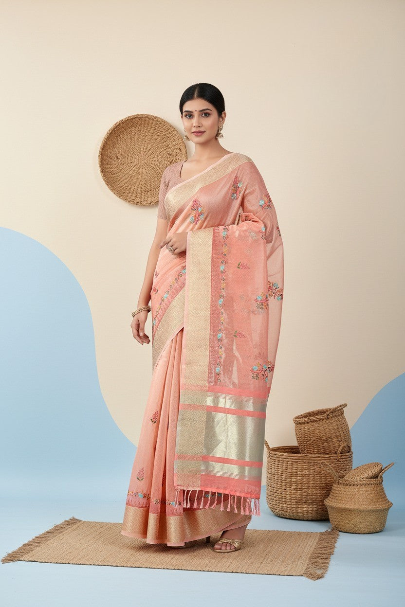 Elegant Soft Silk Embroidered Saree with Zari Border