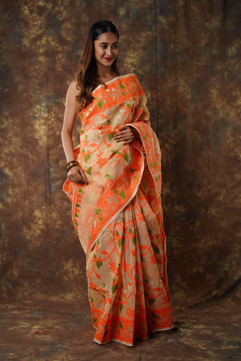 Traditional Bengal Cotton Silk Soft Jamdani Saree with orang colour floral  combination ,Handwoven in the Rich Heritage of Bengal Minakari Dhakai | Item Length: 5.5 Metres Width: 1.2 Meters | Without Blouse Piece.