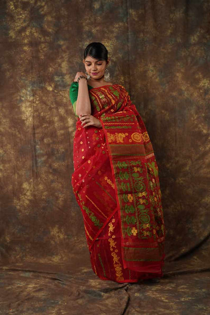 Traditional Bengal Cotton Silk Soft Jamdani Saree with red colour floral combination ,Handwoven in the Rich Heritage of Bengal Minakari Dhakai | Item Length: 5.5 Metres Width: 1.2 Meters | Without Blouse Piece.DN NO-1022