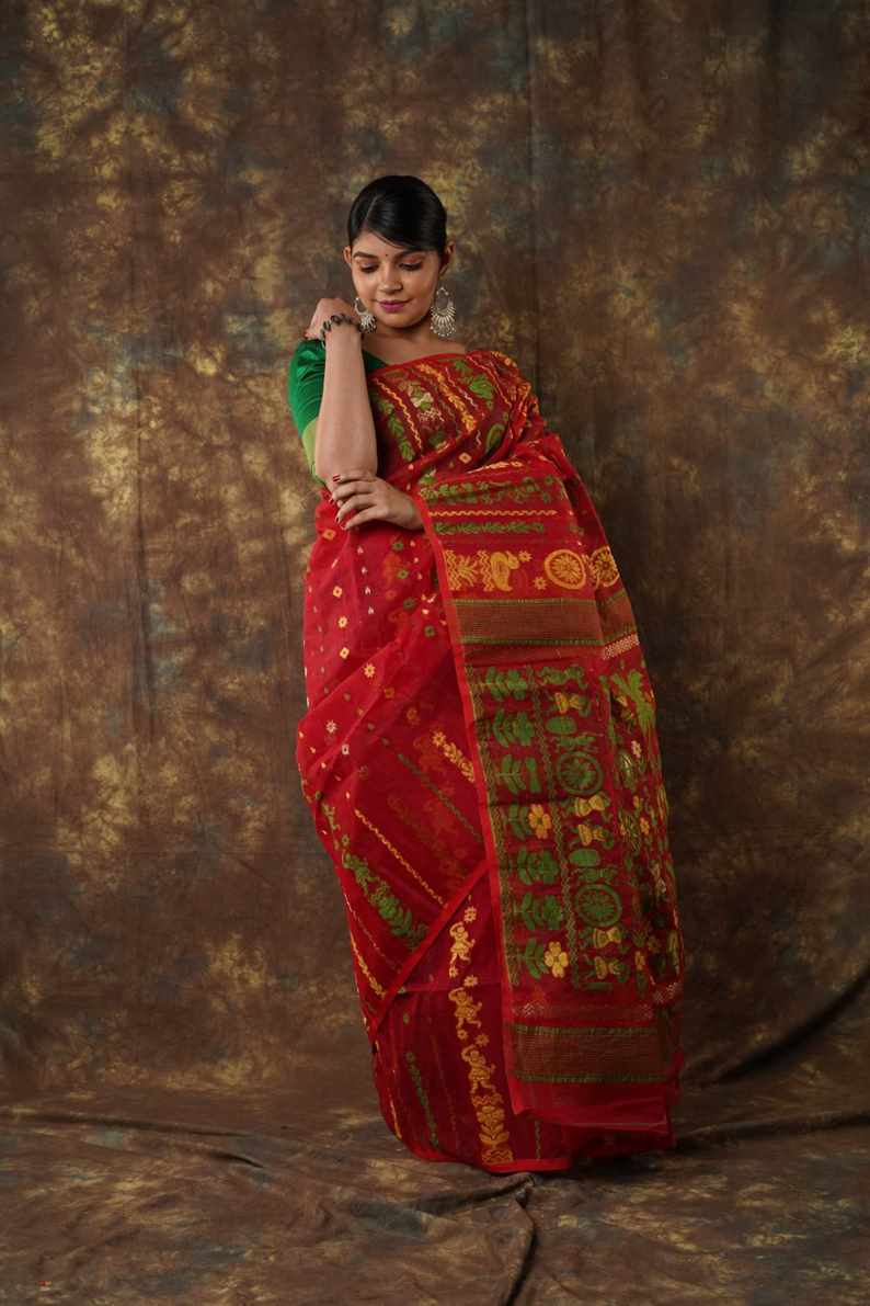 Traditional Bengal Cotton Silk Soft Jamdani Saree with red colour floral combination ,Handwoven in the Rich Heritage of Bengal Minakari Dhakai | Item Length: 5.5 Metres Width: 1.2 Meters | Without Blouse Piece.