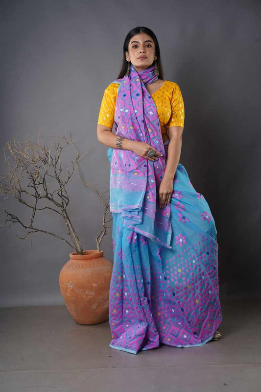 Traditional Soft Mulmul lite sky & pink colour Bengal Handloom Pure Cotton Saree Without Blouse Piece.DN NO-1003
