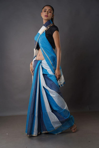 Traditional Soft Mulmul Deep Firozi colour Bengal Handloom Pure Cotton Saree Without Blouse Piece.DN NO-1034