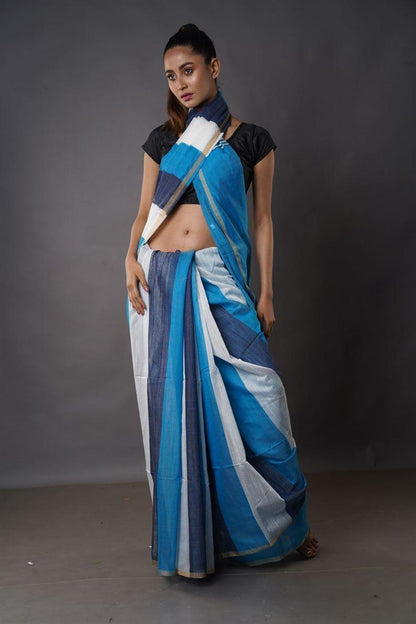 Traditional Soft Mulmul Deep Firozi colour Bengal Handloom Pure Cotton Saree Without Blouse Piece.DN NO-1034