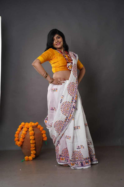 Traditional Soft Mulmul white colour Bengal Handloom Pure Cotton Saree Without Blouse Piece.DN NO-1037