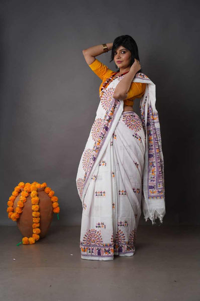 Traditional Soft Mulmul white colour Bengal Handloom Pure Cotton Saree Without Blouse Piece.DN NO-1037