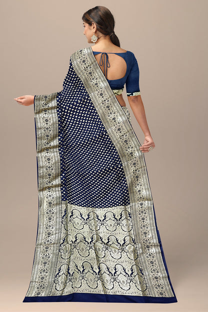 Enchanting Navy Blue Benarasi Saree with Rose Gold Buta and Contrasting Pallu