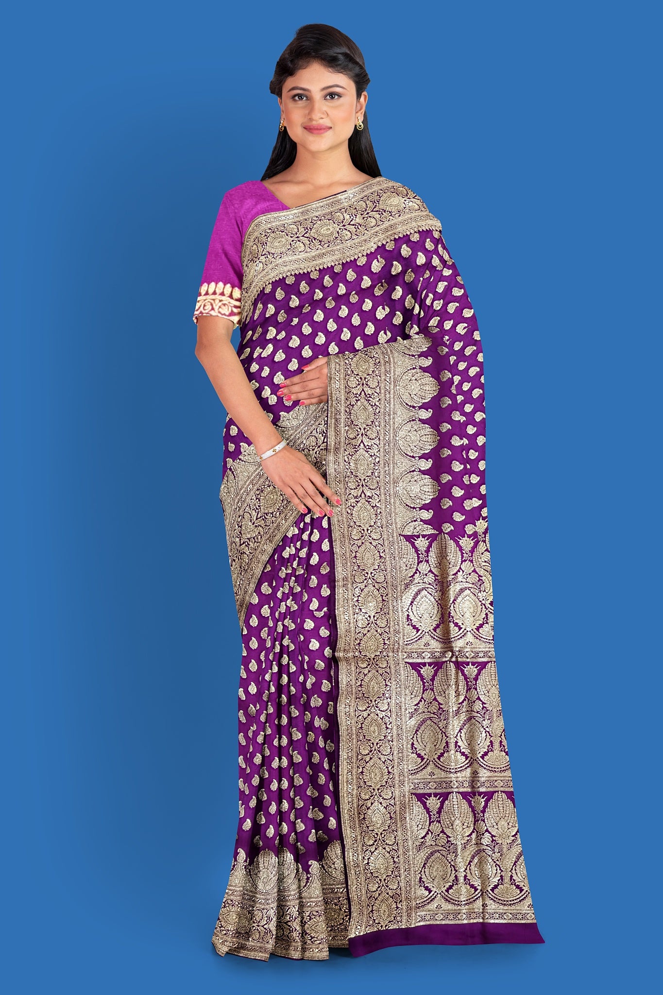 Royal Purple Benarasi Saree with Golden Motifs and Contrasting Blouse Piece