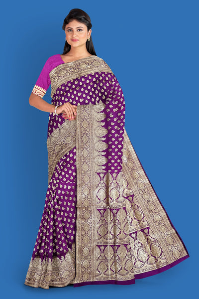 Royal Purple Benarasi Saree with Golden Motifs and Contrasting Blouse Piece