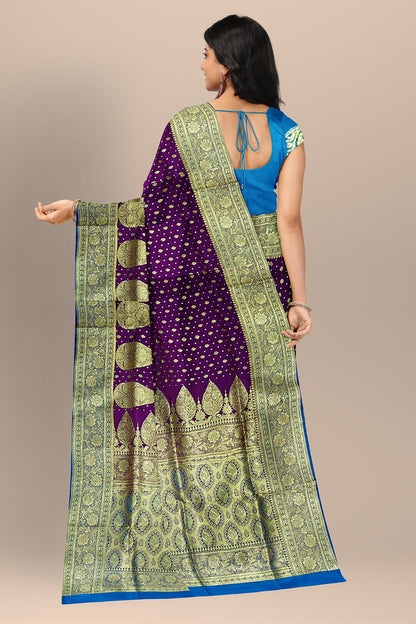 Enchanting Violet Benarasi Saree with Golden Buta and Firoza Contrast Blouse.DN NO-2003