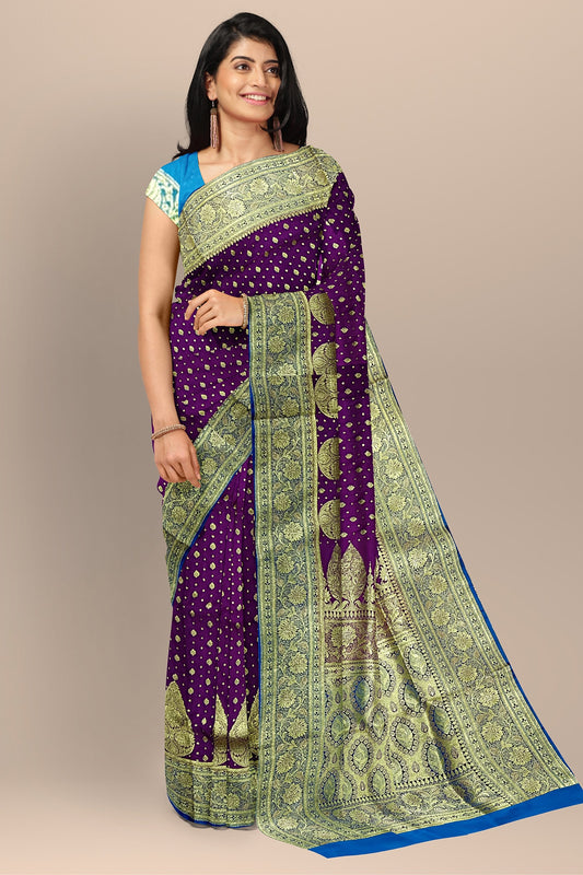 Enchanting Violet Benarasi Saree with Golden Buta and Firoza Contrast Blouse.DN NO-2003