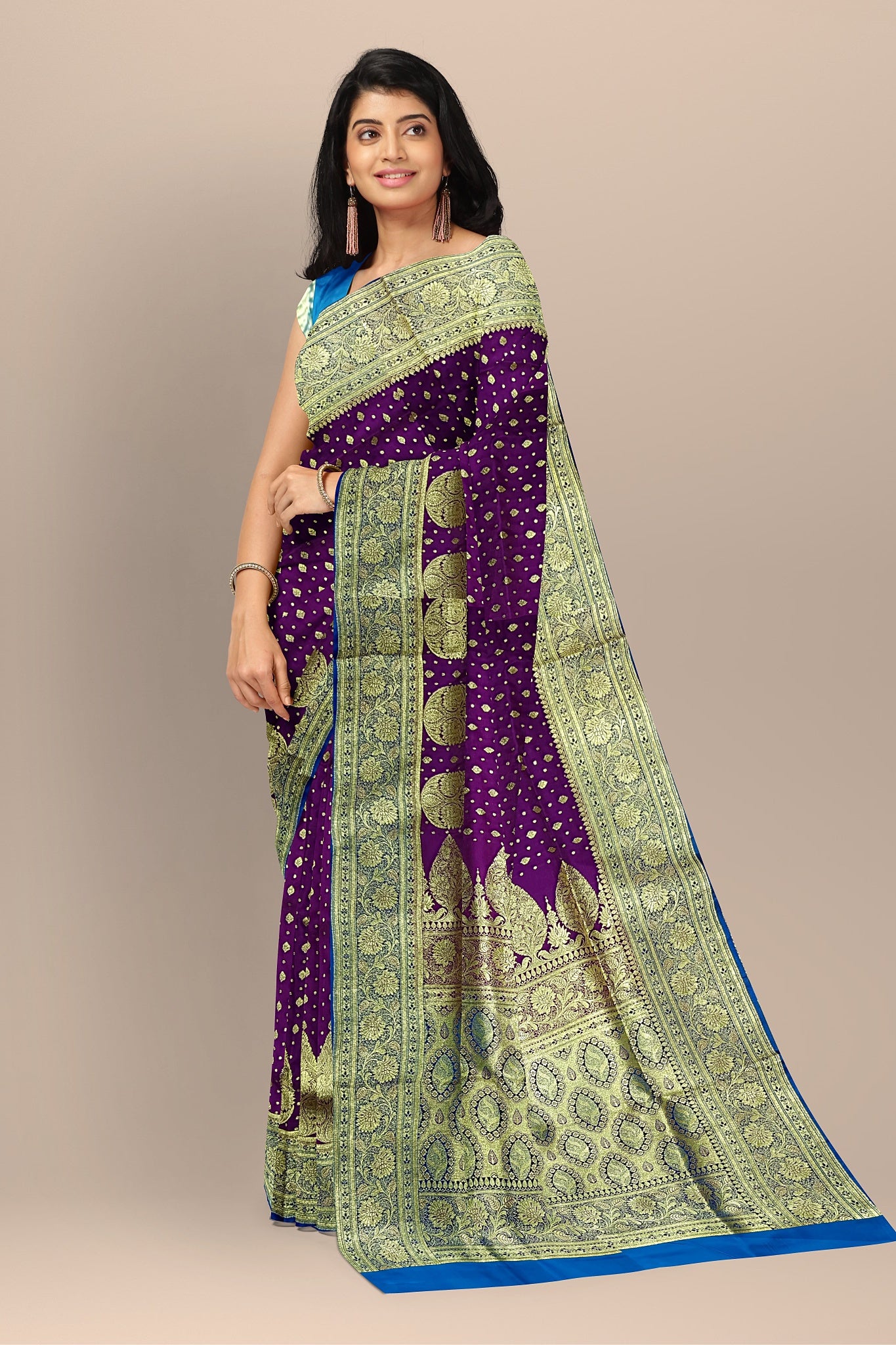 Enchanting Violet Benarasi Saree with Golden Buta and Firoza Contrast Blouse