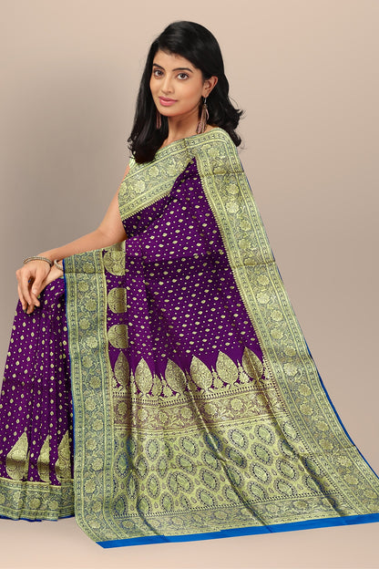 Enchanting Violet Benarasi Saree with Golden Buta and Firoza Contrast Blouse.DN NO-2003