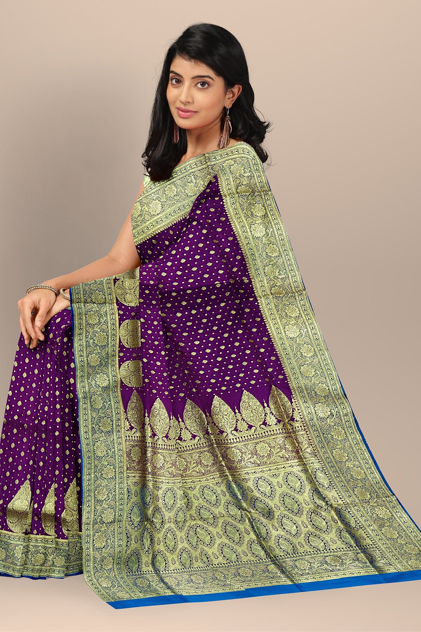 Enchanting Violet Benarasi Saree with Golden Buta and Firoza Contrast Blouse