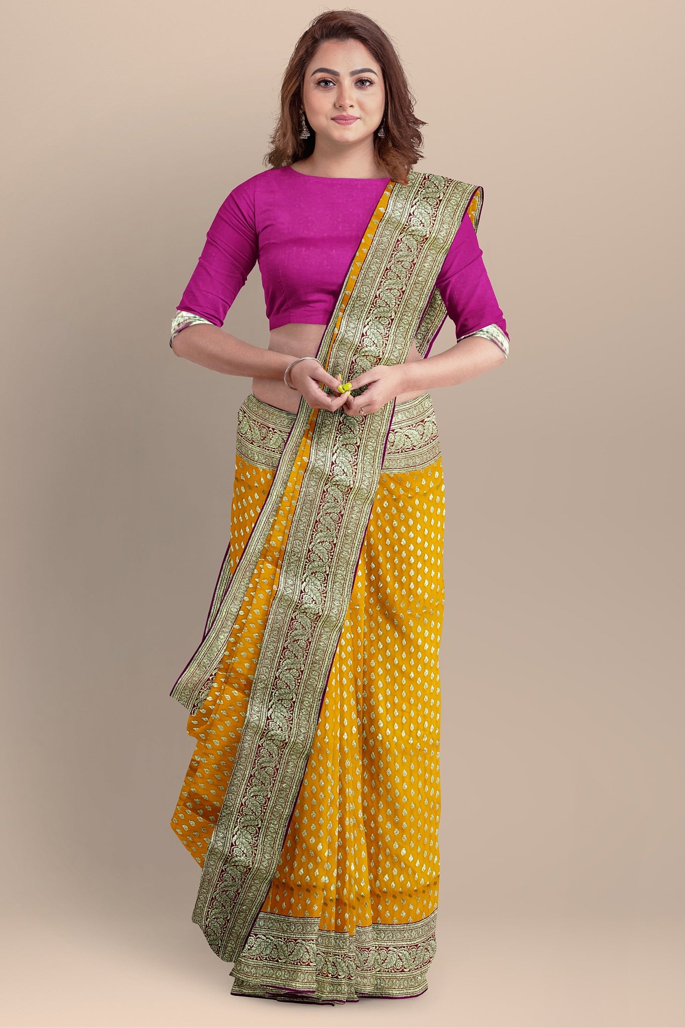 Radiant Yellow Benarasi Saree with Golden Motifs, Rani Contrast Pallu, and Blouse