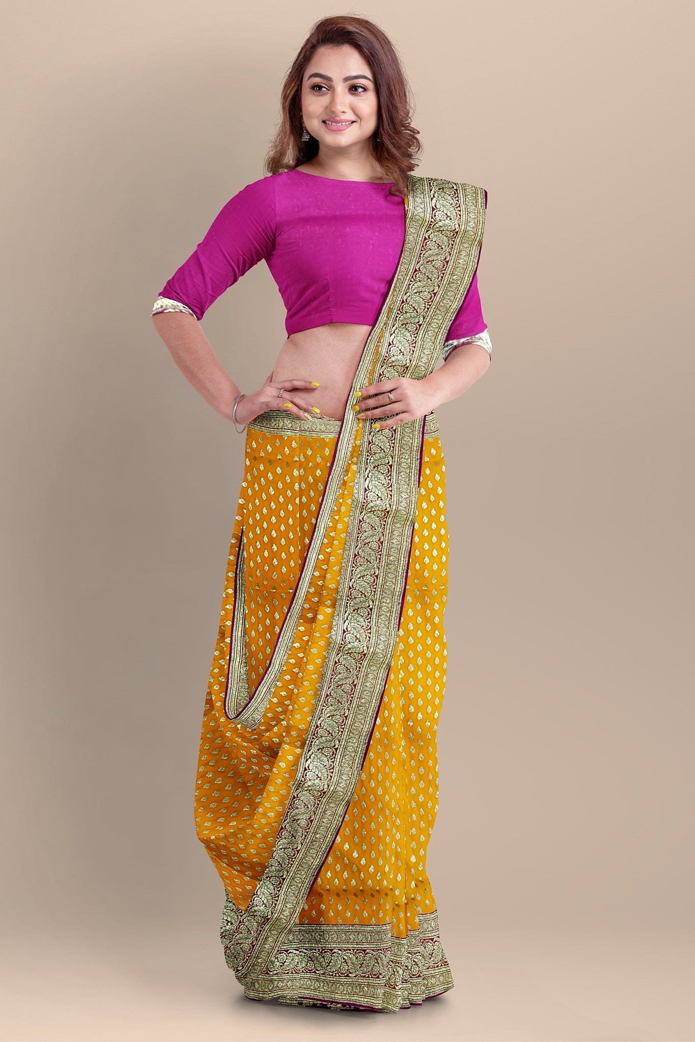 Radiant Yellow Benarasi Saree with Golden Motifs, Rani Contrast Pallu, and Blouse