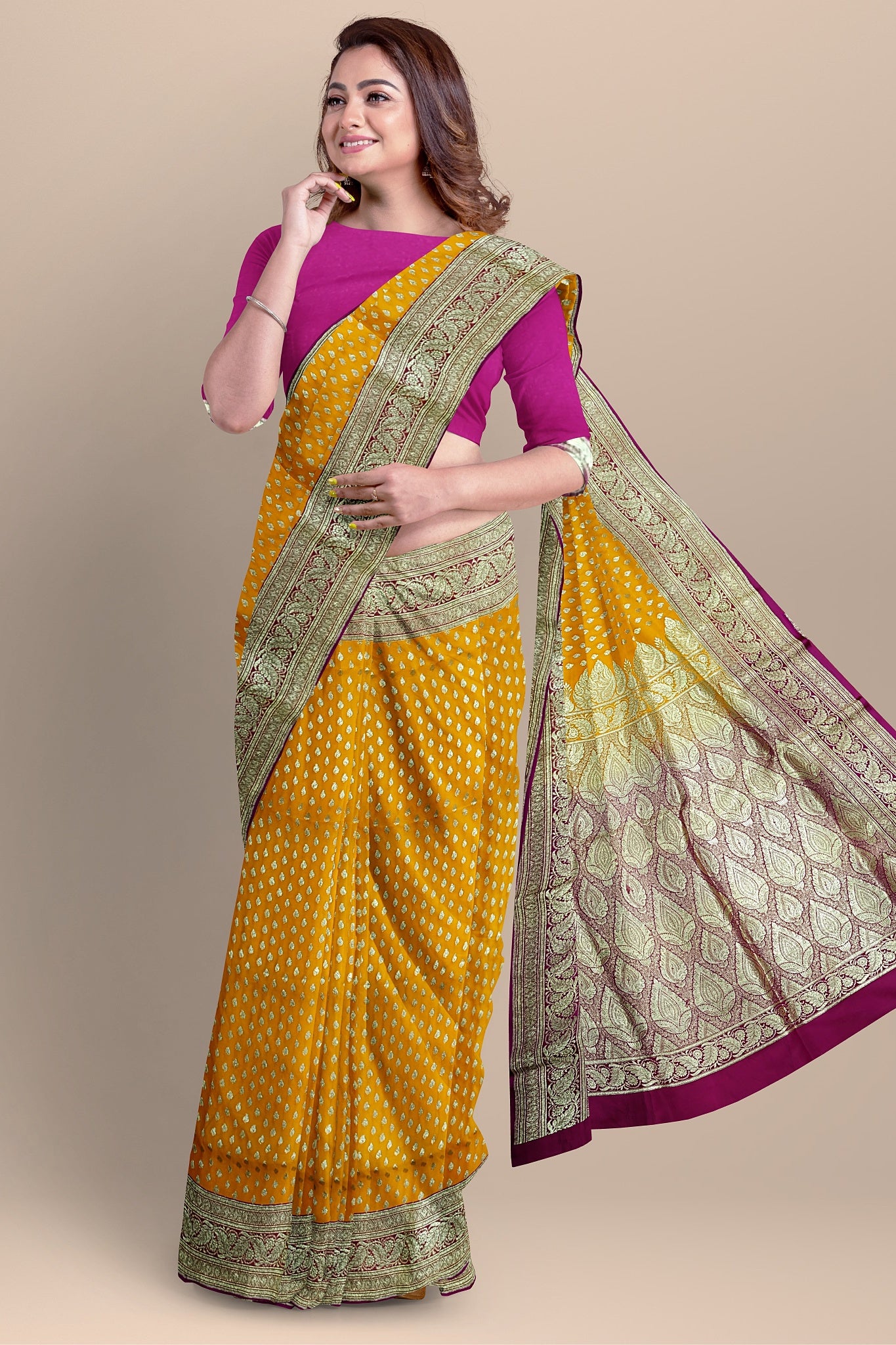 Radiant Yellow Benarasi Saree with Golden Motifs, Rani Contrast Pallu, and Blouse