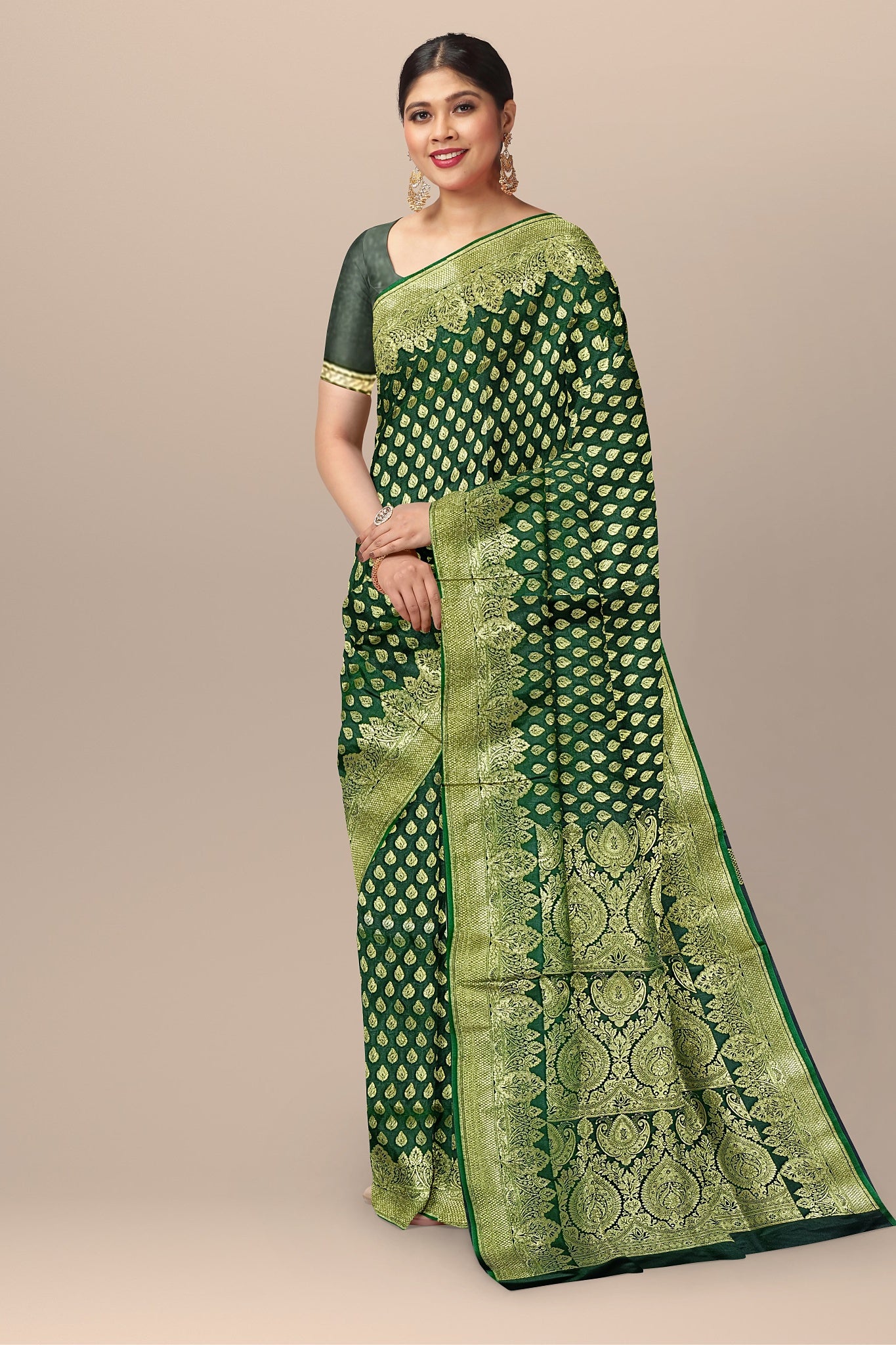 Refreshing Chutney Green Benarasi Saree with Golden Buta and Matching Blouse