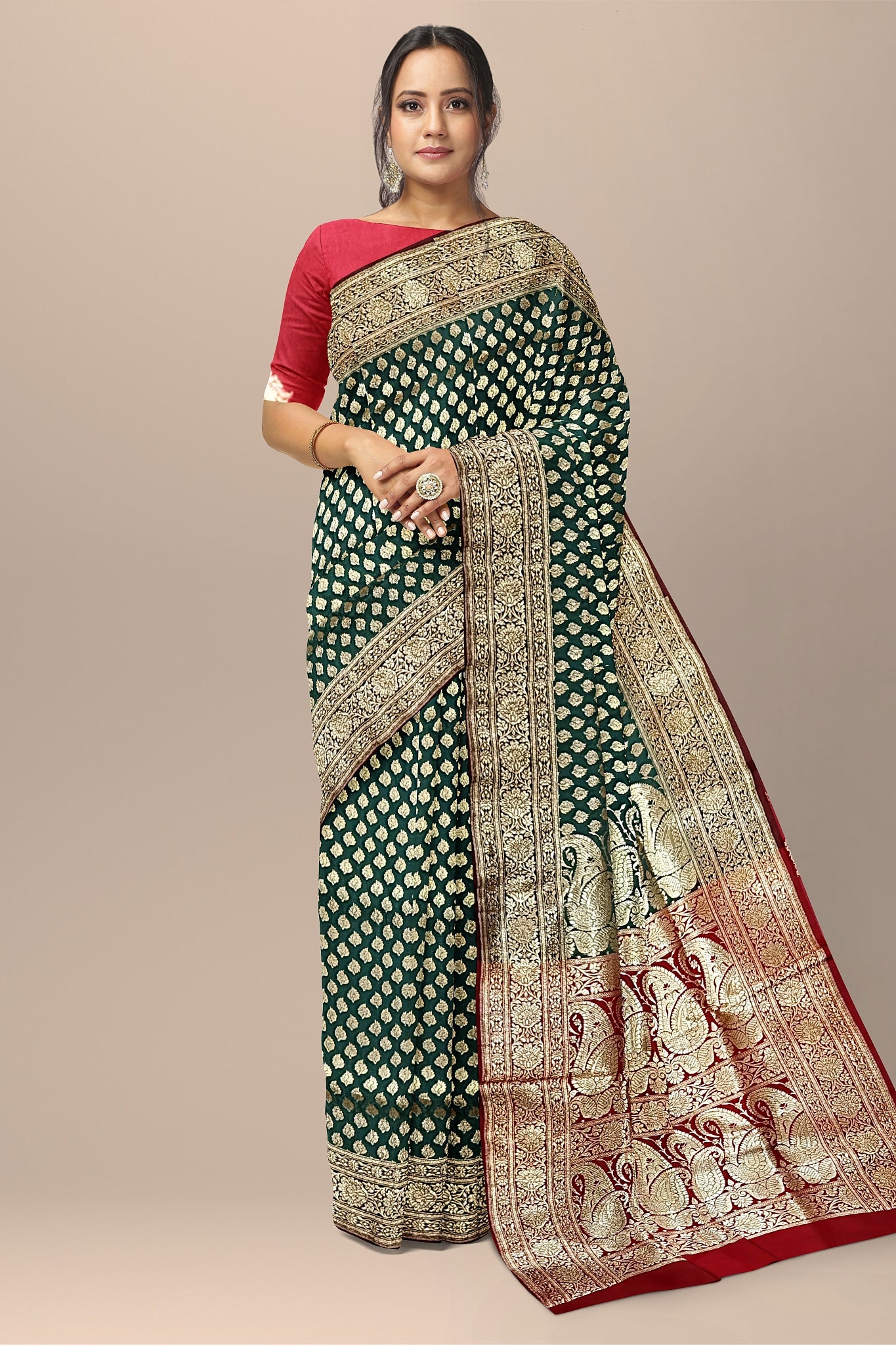 Pistachio Green Benarasi Saree with Red Kalka Pallu and Matching Blouse.DN NO-2012