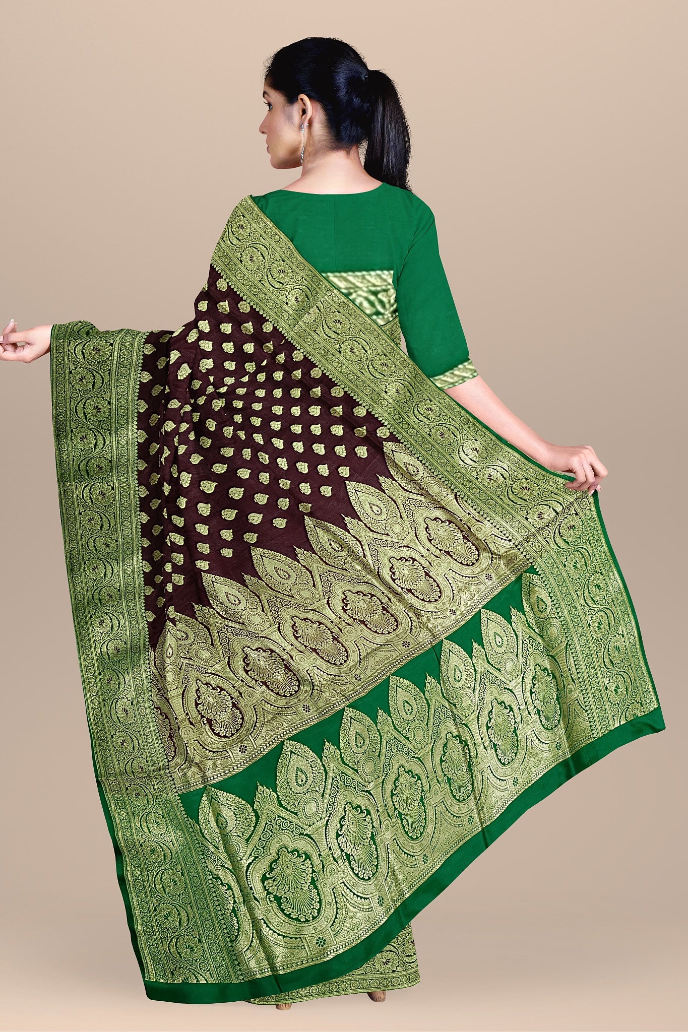 Wine Benarasi Saree with Golden Buta, Kalka Work, and Green Contrast