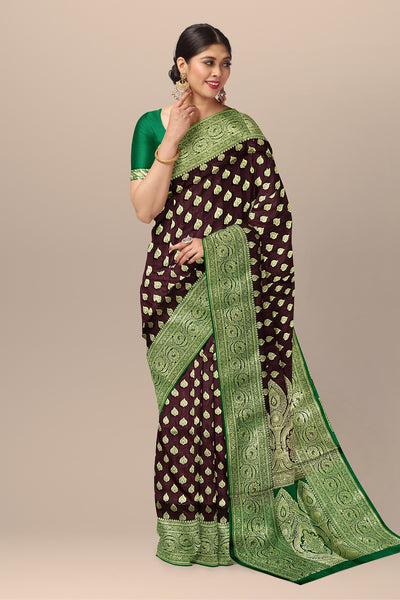 Wine Benarasi Saree with Golden Buta, Kalka Work, and Green Contrast