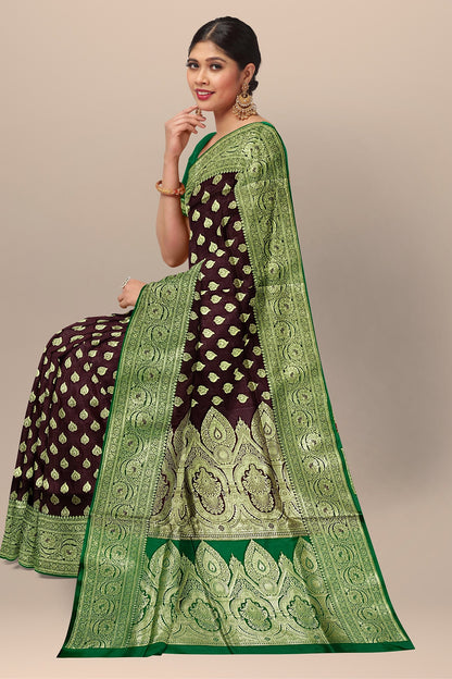 Wine Benarasi Saree with Golden Buta, Kalka Work, and Green Contrast