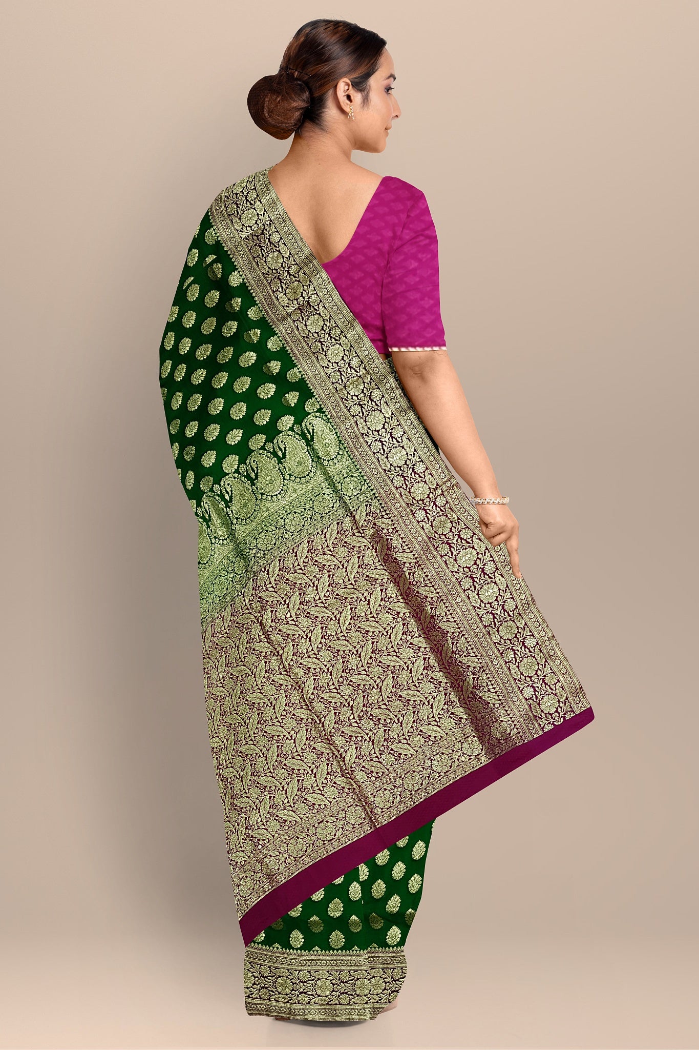 Emerald Green Benarasi Saree with Big Buta, Floral Pallu, and Rani Contrast Blouse.DN NO-2001