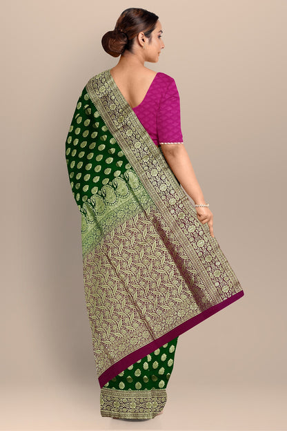 Emerald Green Benarasi Saree with Big Buta, Floral Pallu, and Rani Contrast Blouse.DN NO-2001