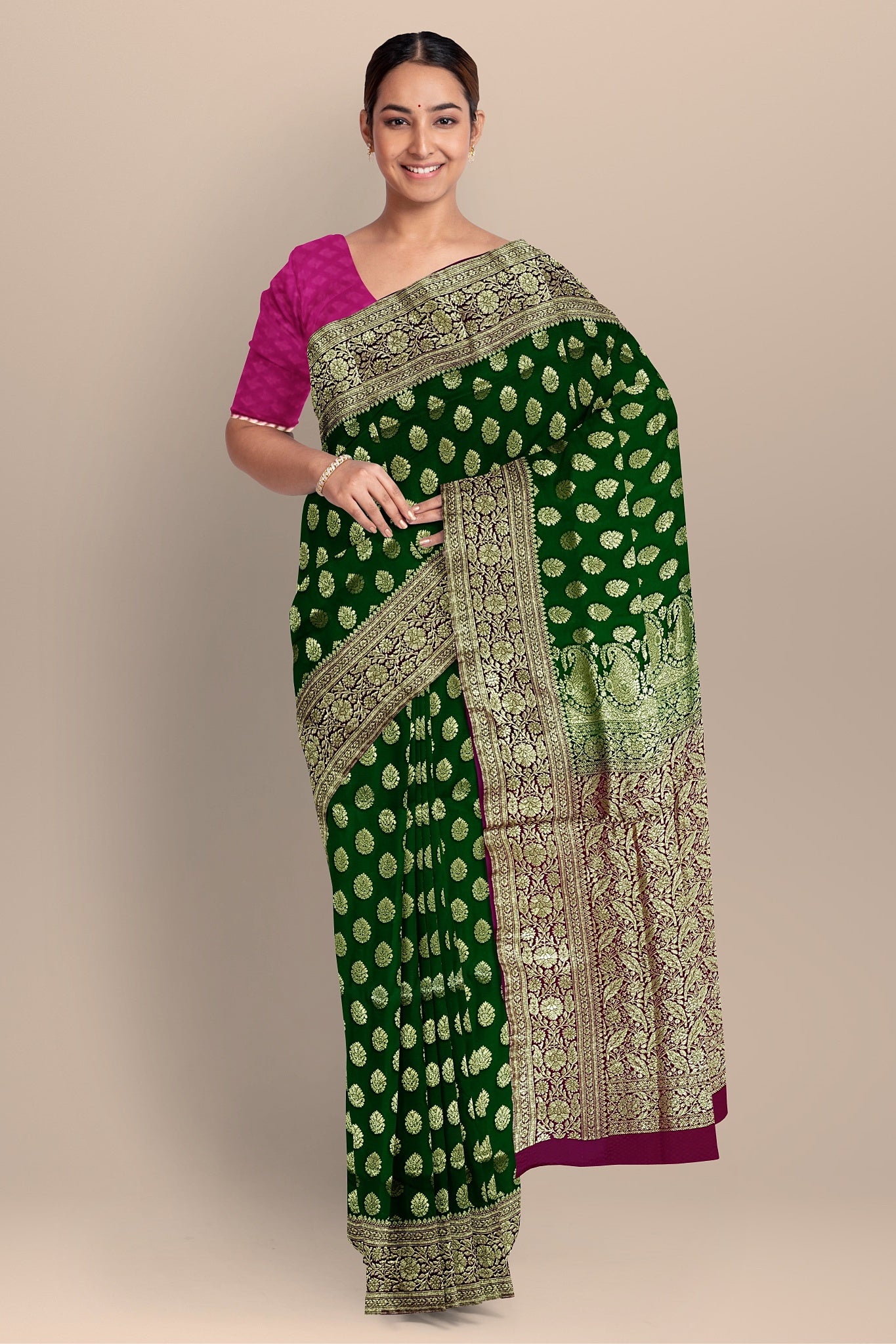 Emerald Green Benarasi Saree with Big Buta, Floral Pallu, and Rani Contrast Blouse.DN NO-2001