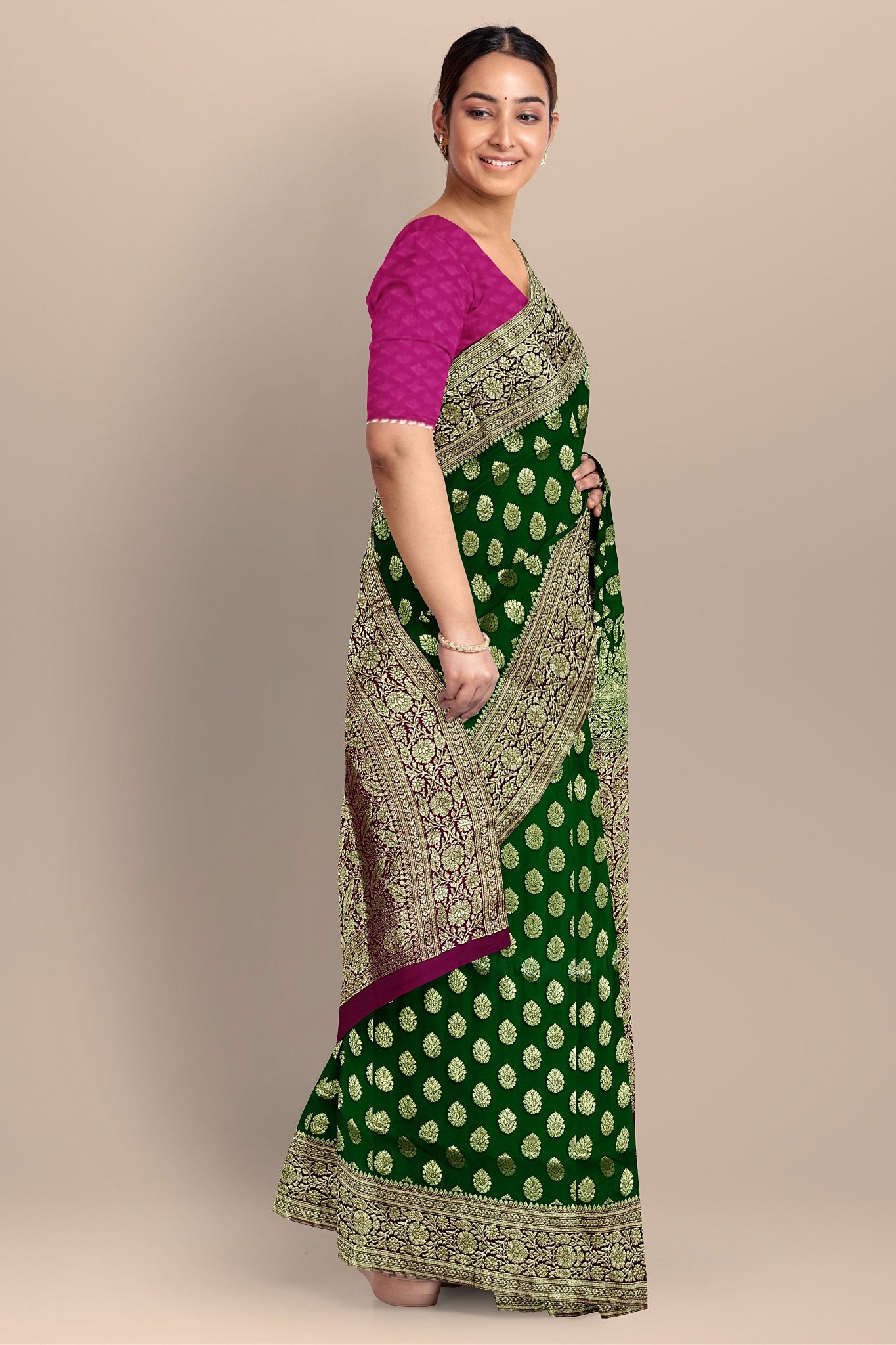 Emerald Green Benarasi Saree with Big Buta, Floral Pallu, and Rani Contrast Blouse