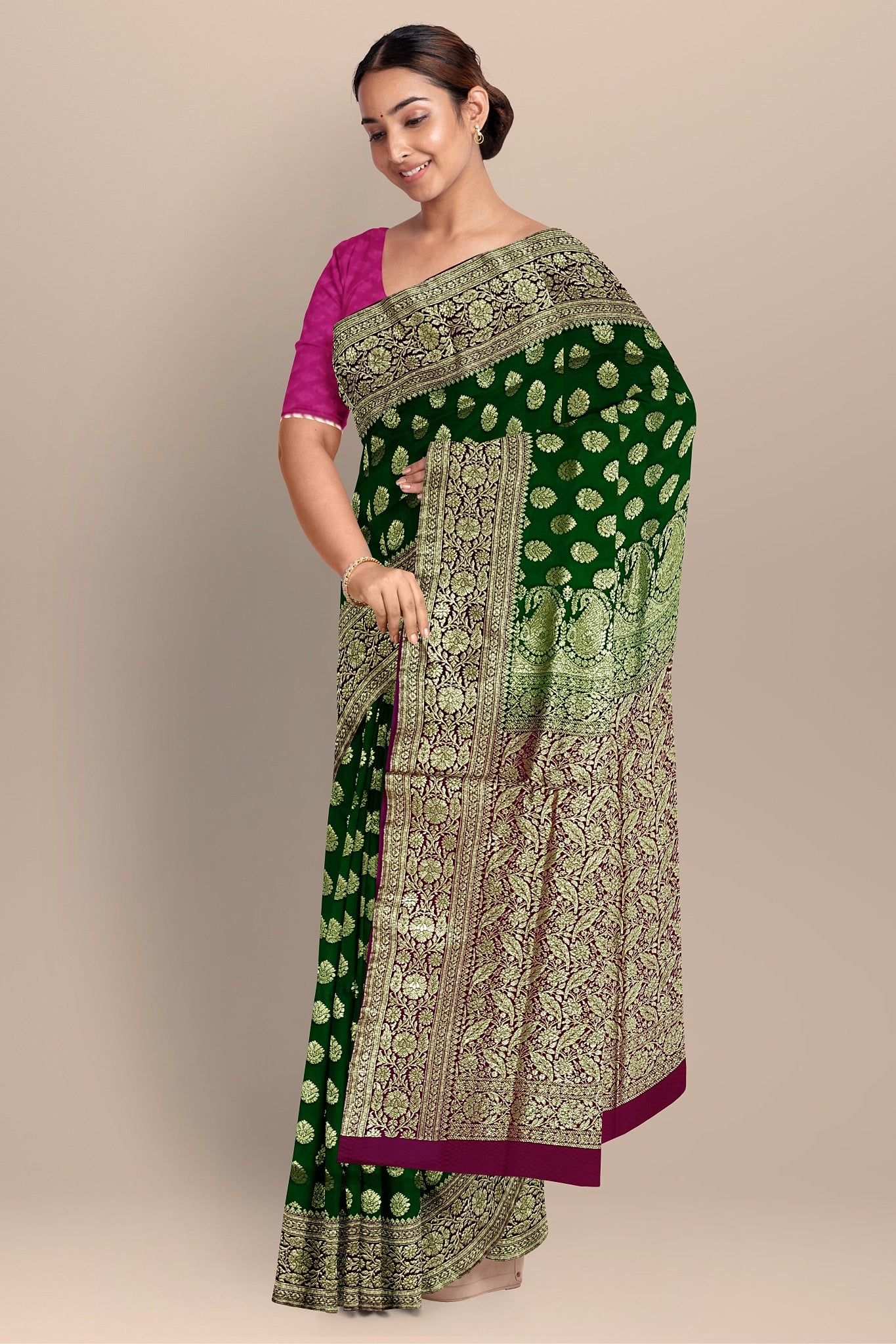 Emerald Green Benarasi Saree with Big Buta, Floral Pallu, and Rani Contrast Blouse.DN NO-2001