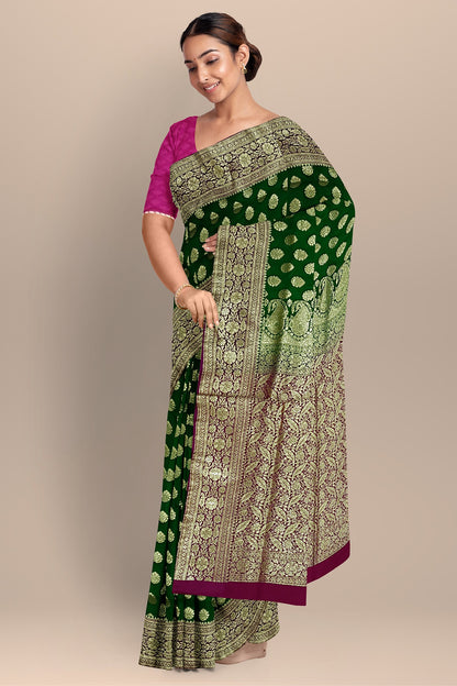 Emerald Green Benarasi Saree with Big Buta, Floral Pallu, and Rani Contrast Blouse.DN NO-2001