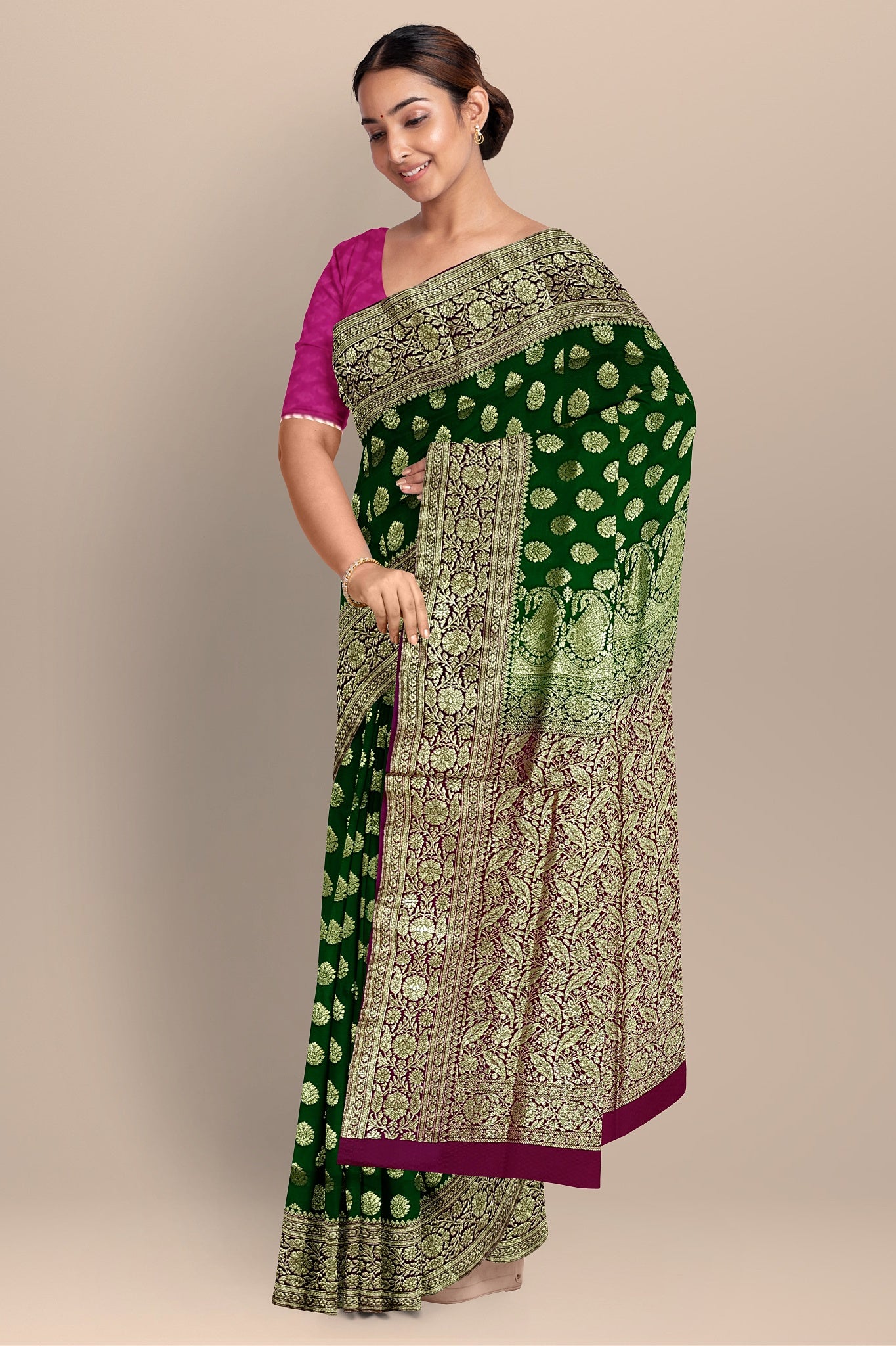 Emerald Green Benarasi Saree with Big Buta, Floral Pallu, and Rani Contrast Blouse