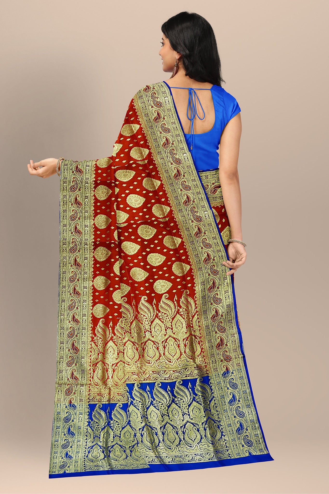 Vibrant Orange Benarasi Saree with Dual Buta, Royal Blue Contrast, and Blouse