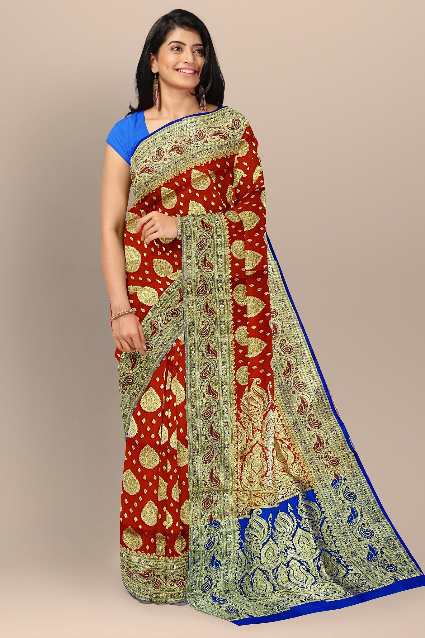 Vibrant Orange Benarasi Saree with Dual Buta, Royal Blue Contrast, and Blouse