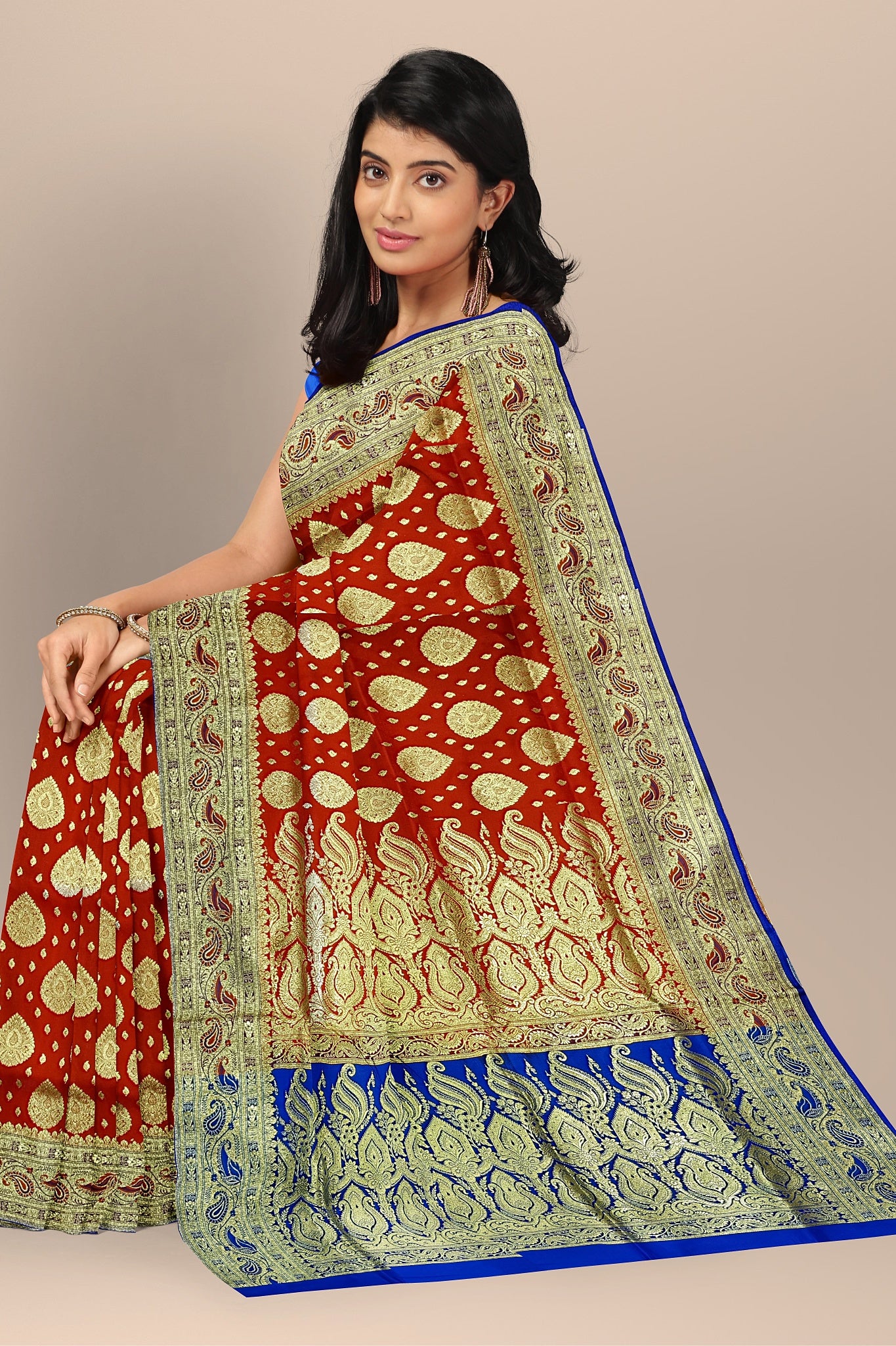 Vibrant Orange Benarasi Saree with Dual Buta, Royal Blue Contrast, and Blouse