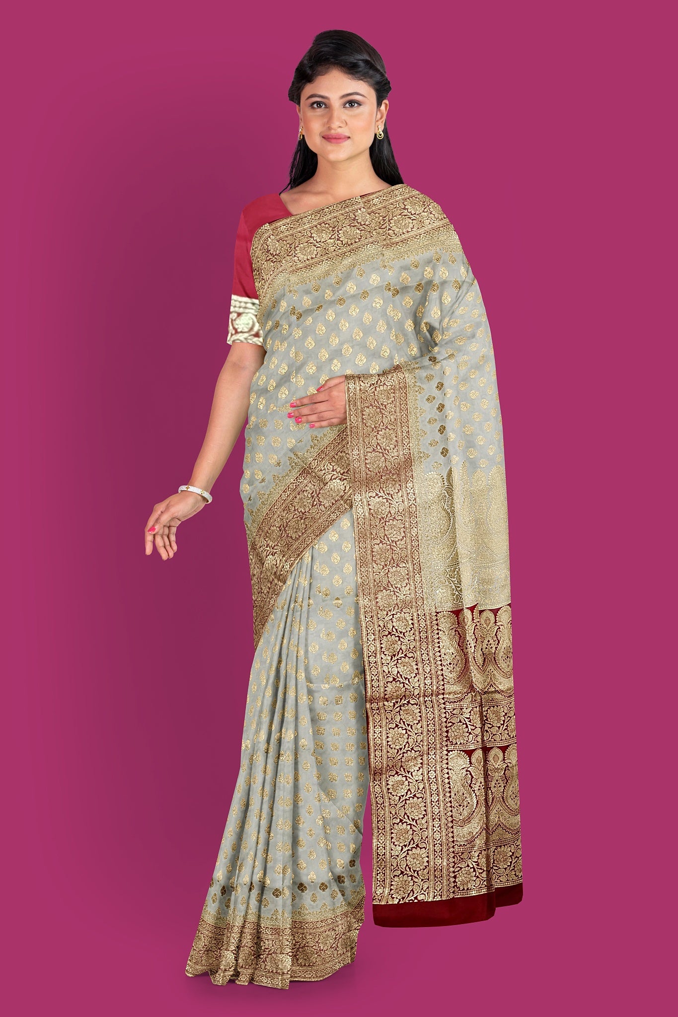 Title: Cream Colored Benarasi Saree with Maroon Contrast Pallu and Blouse Piece