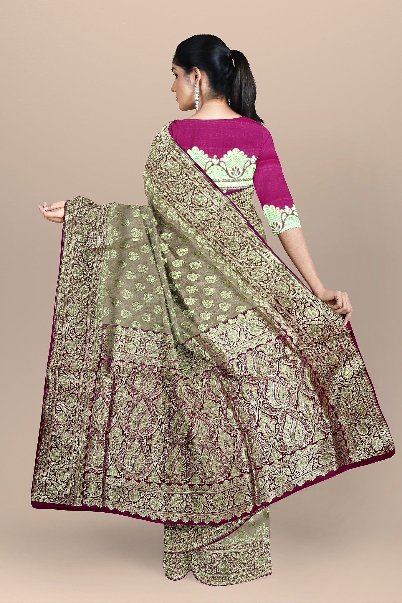 Elegant Cream Benarasi Saree with Golden Buta, Floral Kalka, and Rani Contrast