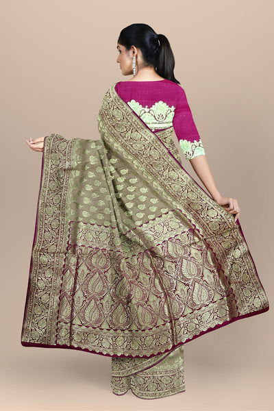 Elegant Cream Benarasi Saree with Golden Buta, Floral Kalka, and Rani Contrast